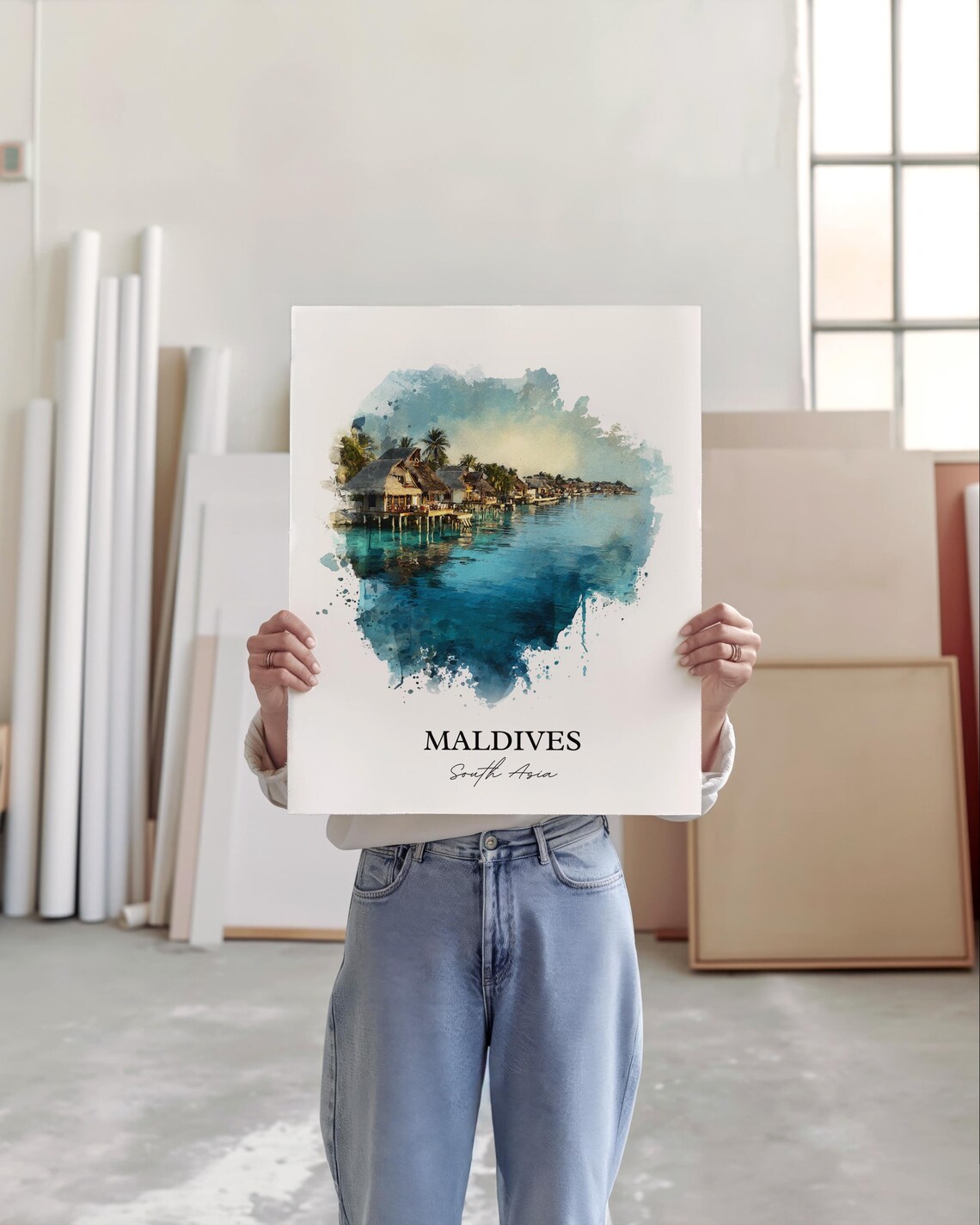 Maldives South Asia Overwater Bungalows Lagoon Watercolor Poster - Image 4