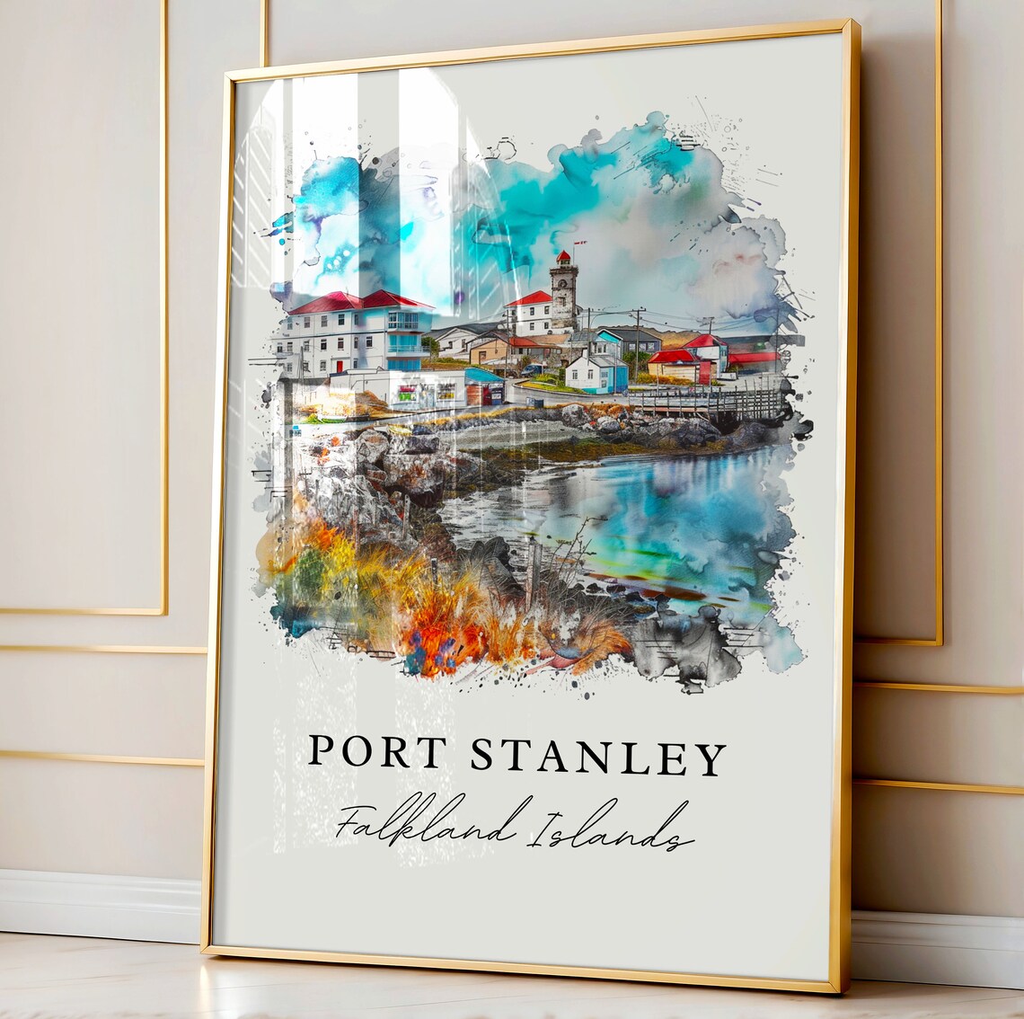Port Stanley Falkland Islands Harbor Watercolor Travel Poster - Image 3