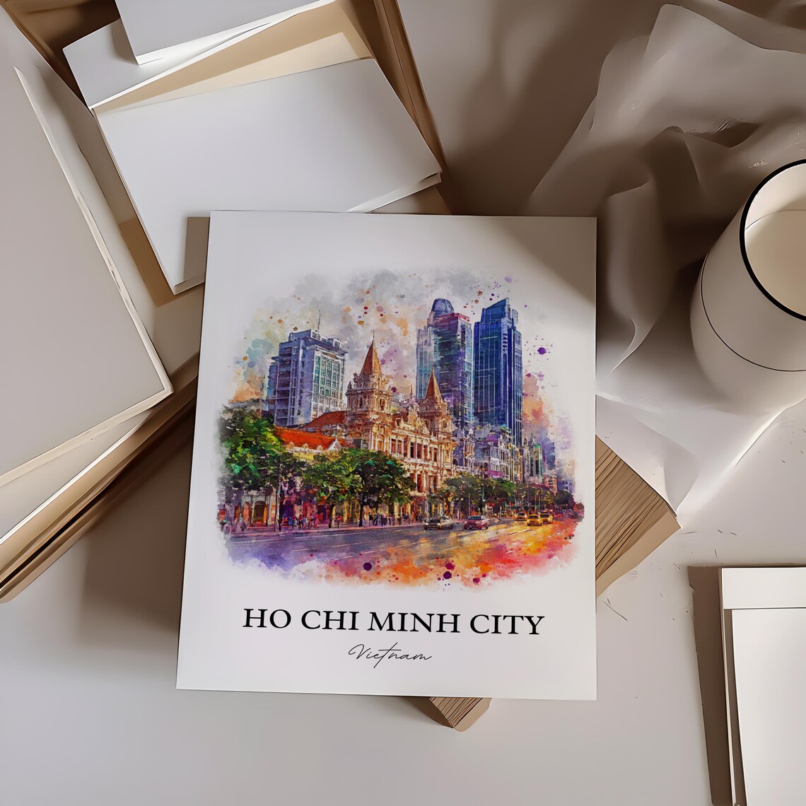 Ho Chi Minh City Vietnam Watercolor Art Colonial Skyline Poster - Image 3
