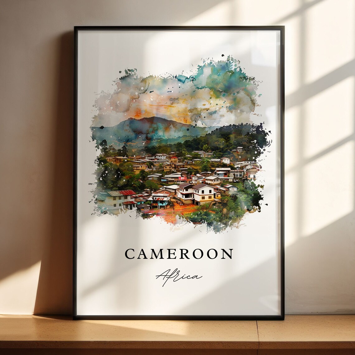 Cameroon Africa Watercolor Hillside Village Mountain Art Print - Image 5