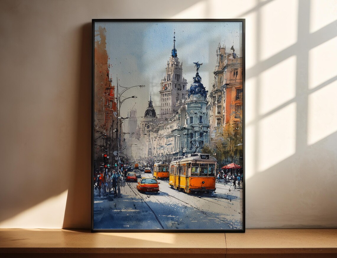 Madrid Spain Gran Via Street Watercolor Travel Poster Tram City View