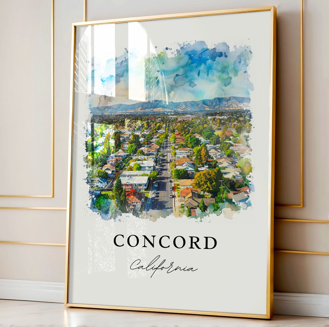 Concord California Watercolor Suburb Aerial Hills View Poster - Image 3