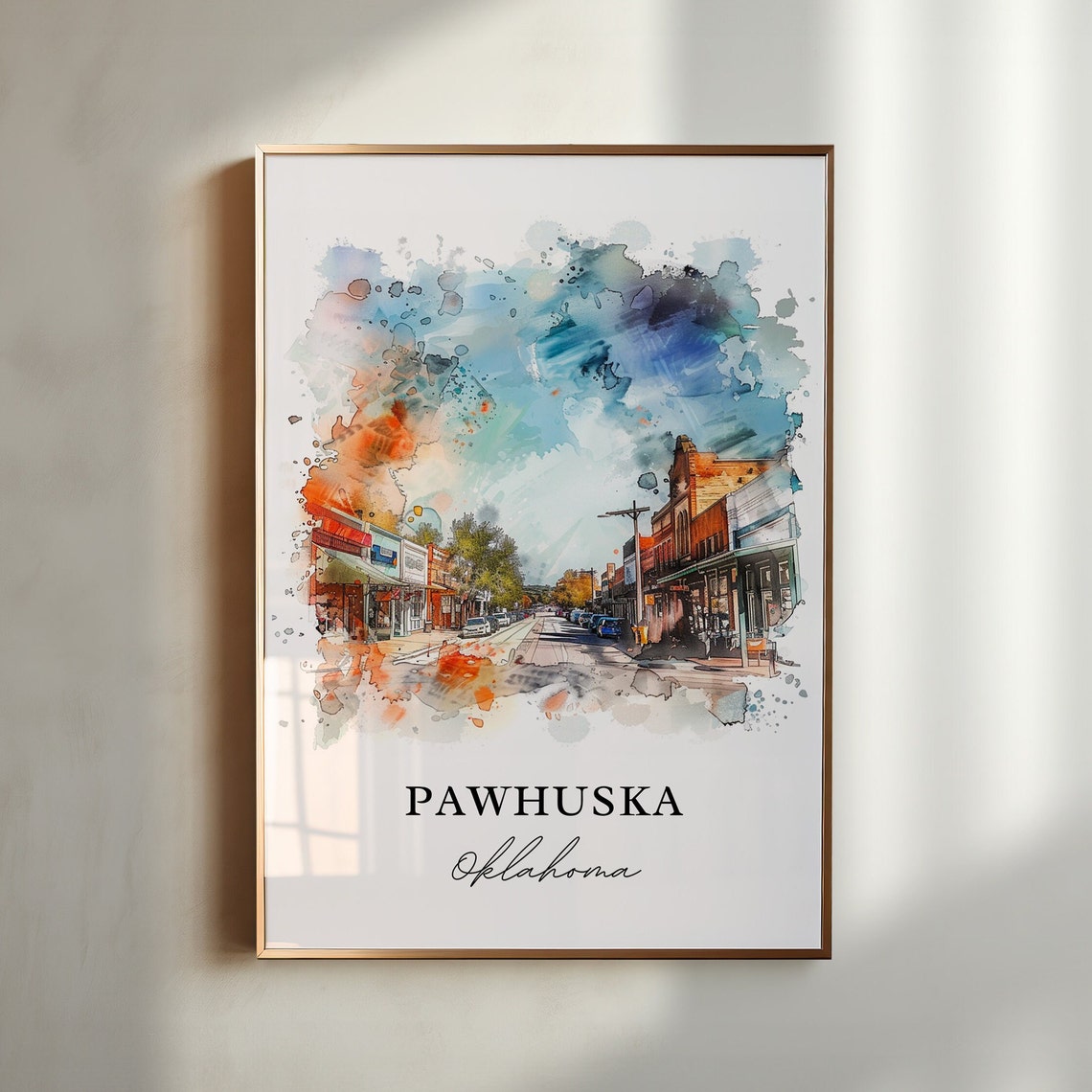 Pawhuska Oklahoma Watercolor Main Street Downtown Storefront Poster