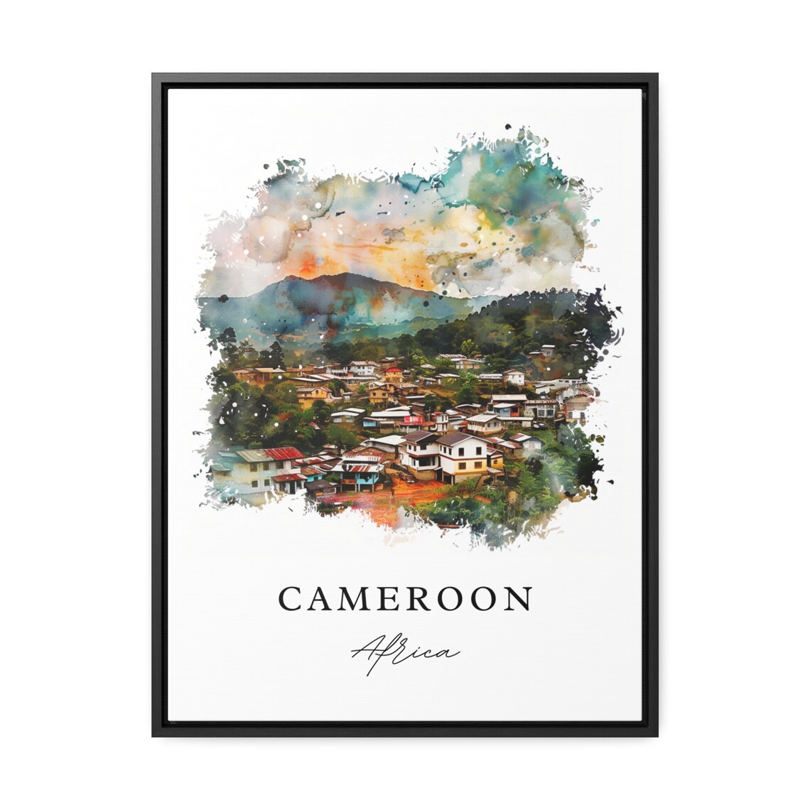 Cameroon Africa Watercolor Hillside Village Mountain Art Print - Image 3