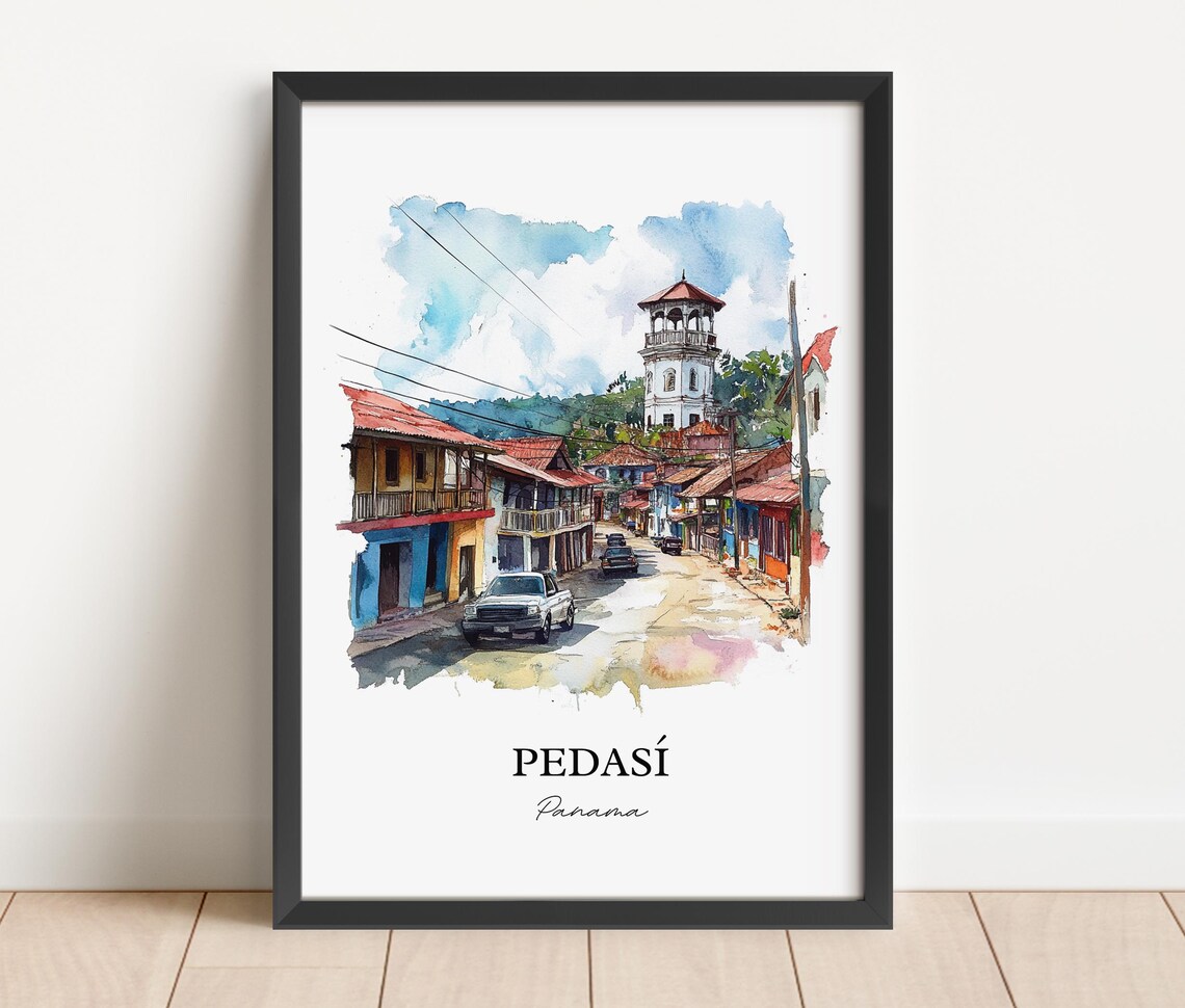 Pedasi Panama Colorful Street Bell Tower Colonial Watercolor Poster - Image 4