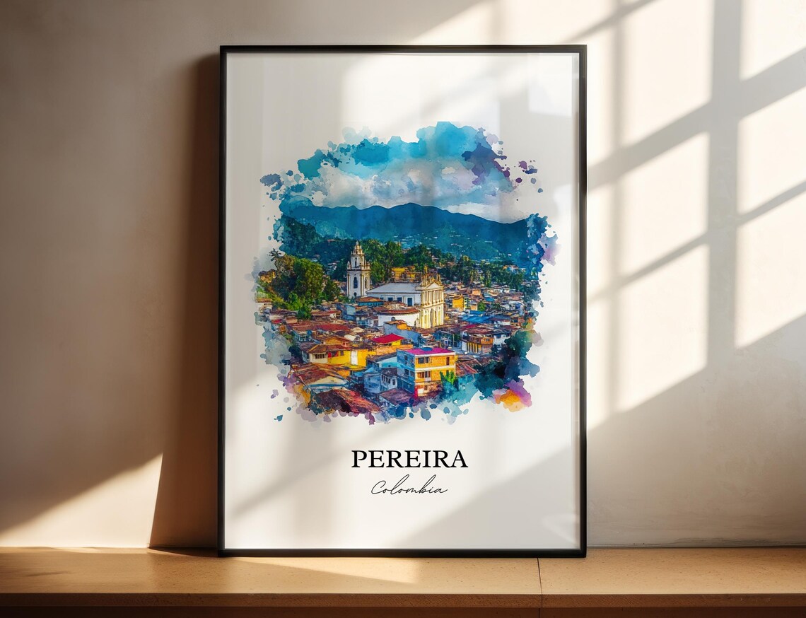 Pereira Colombia Hillside Town Church Watercolor Travel Art Poster
