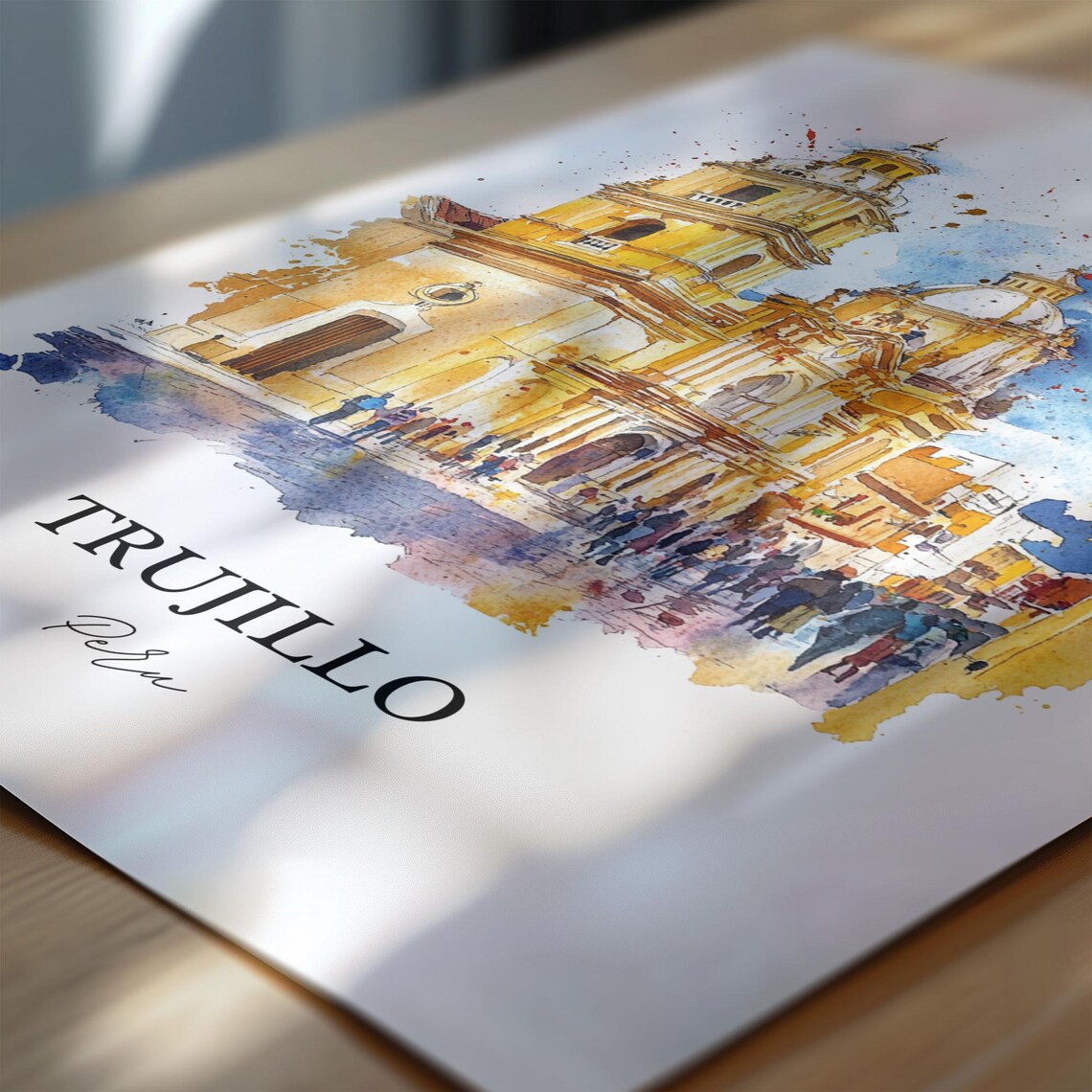 Trujillo Peru Golden Colonial Church Watercolor Travel Poster - Image 6