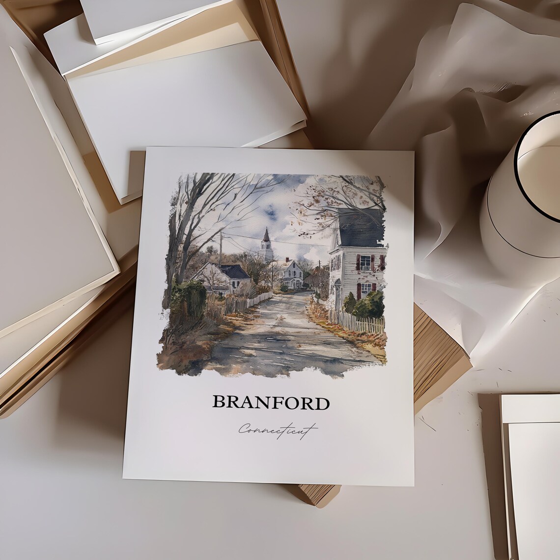 Branford Connecticut Village Street Church Steeple Watercolor Poster - Image 2
