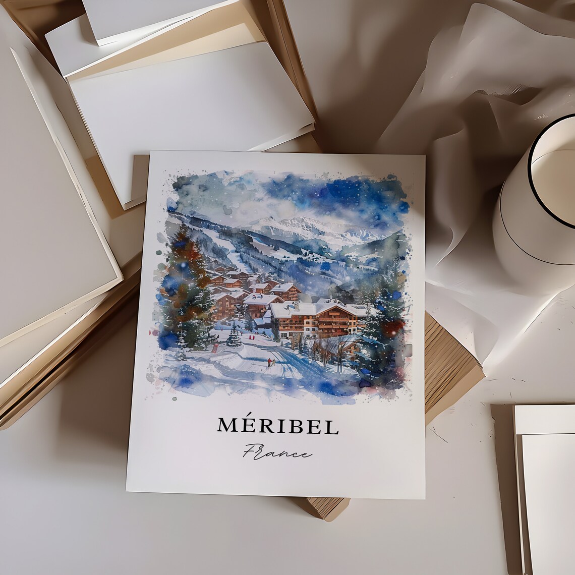 Meribel France Watercolor Ski Resort Village Snowy Slopes Poster - Image 6