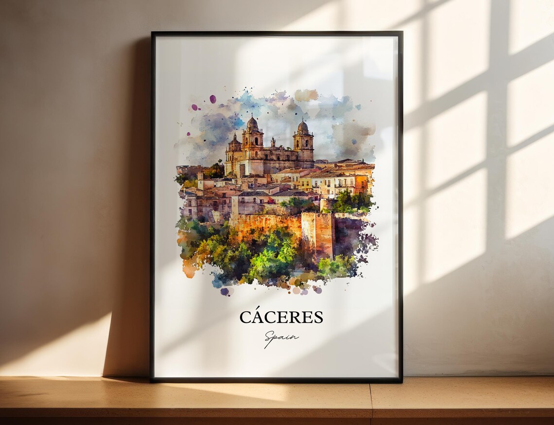 Caceres Spain Medieval Old Town Towers Watercolor Travel Poster