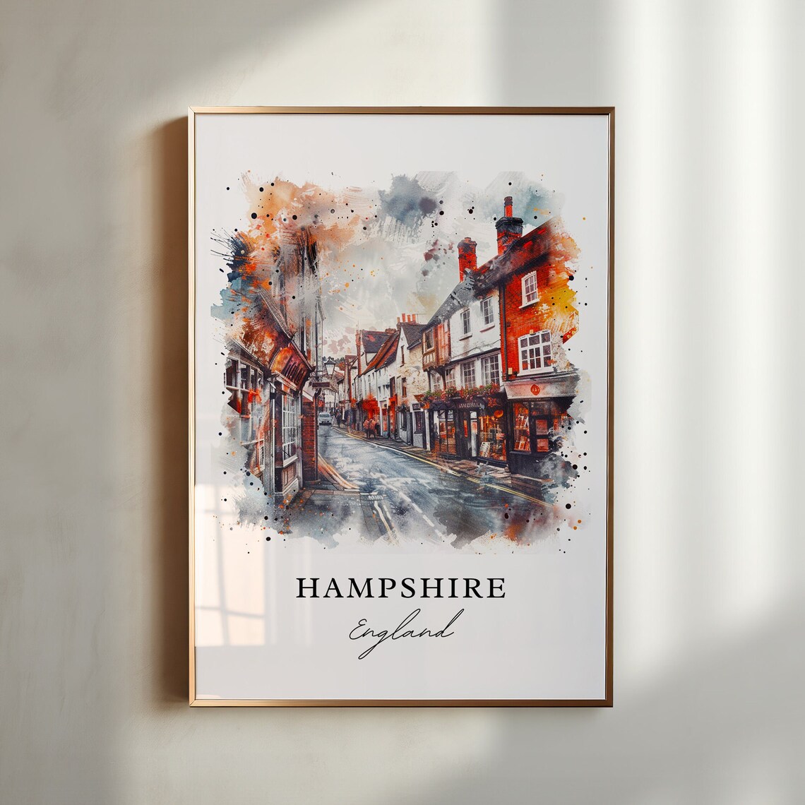 Hampshire England Watercolor Brick High Street Charming Shops Poster