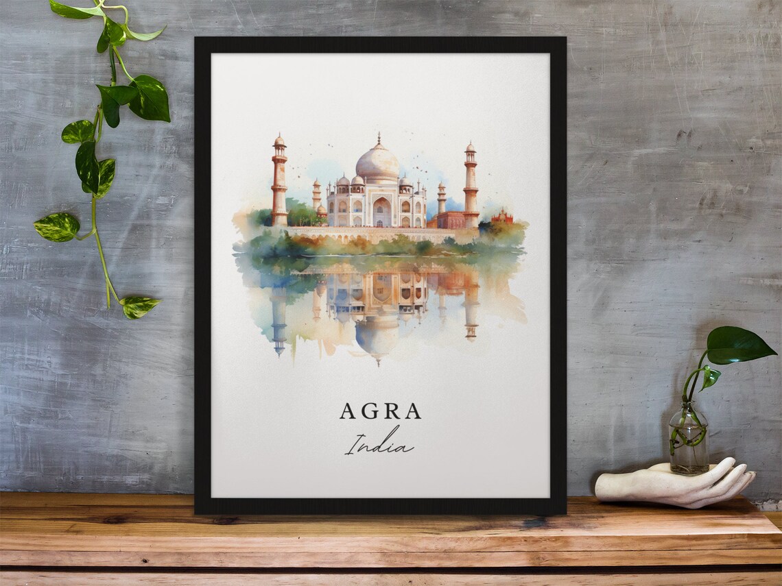 Agra India Watercolor Taj Mahal Reflection Landmark Travel Gift Poster - Image 3