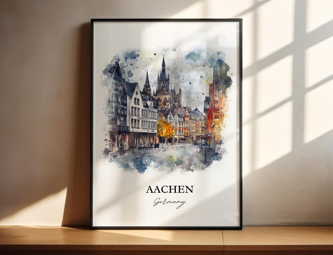 Aachen Germany Gothic Cathedral Square Watercolor Travel Poster