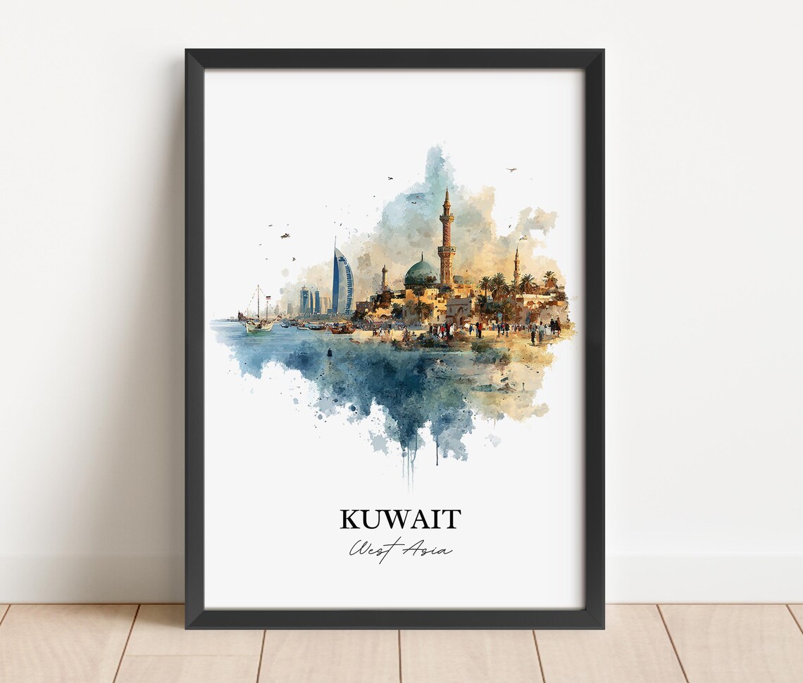 Kuwait West Asia Watercolor Coastal City Harbor Skyline Travel Poster - Image 4