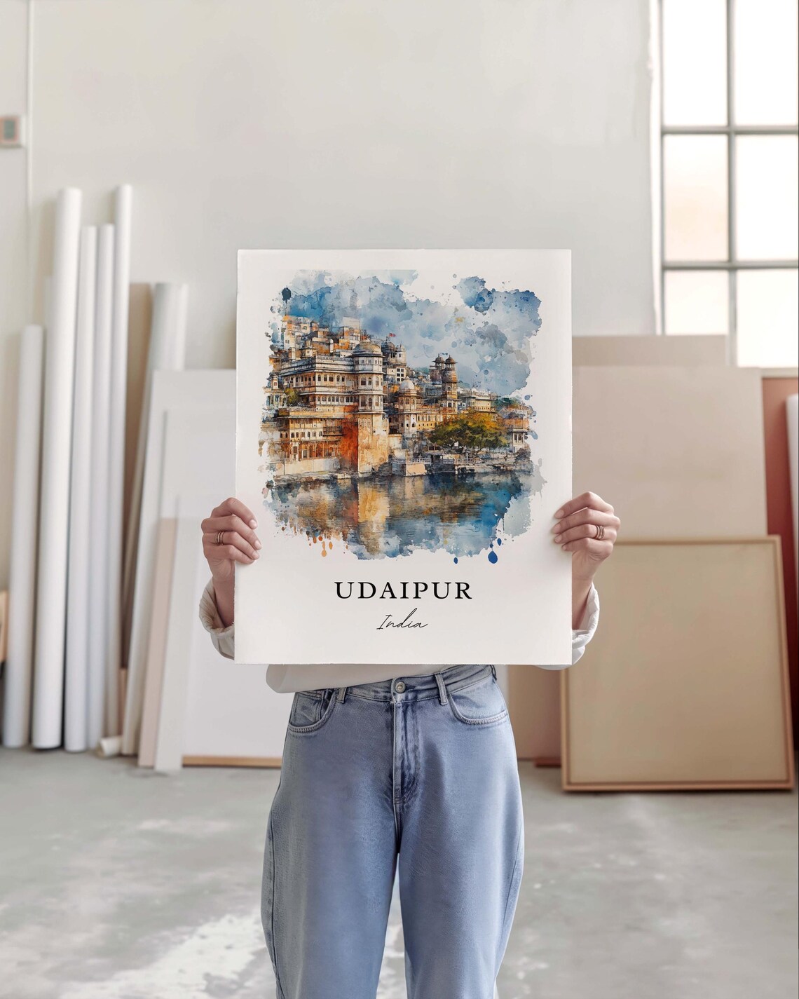 Udaipur India City Palace Lake Pichola Reflection Watercolor Poster - Image 3