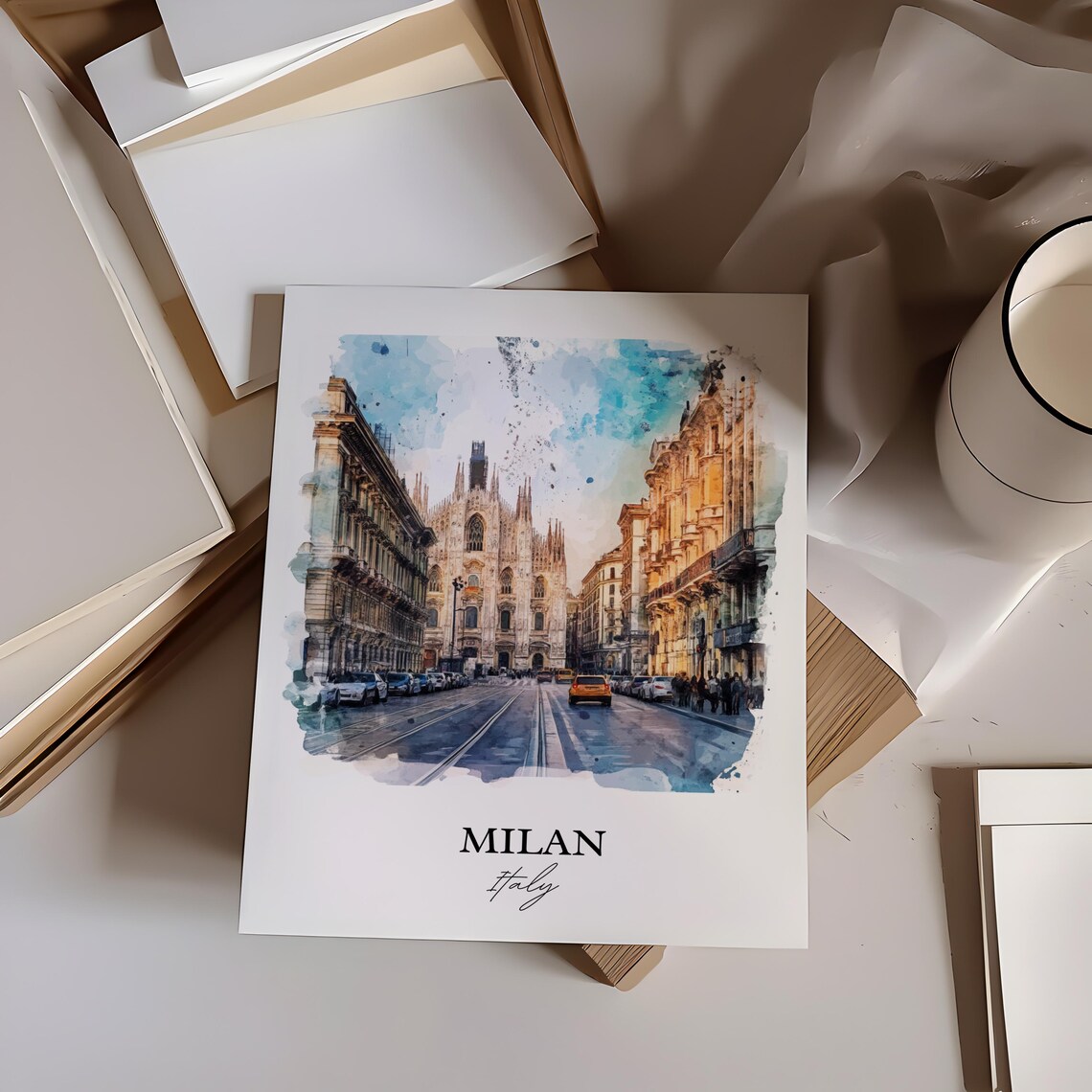 Milan Italy Watercolor Duomo Cathedral Street Scene Travel Poster - Image 3