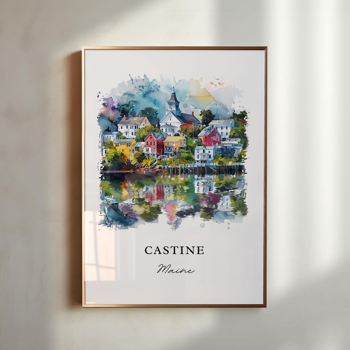 Castine Maine Watercolor Travel Poster, Coastal Town
