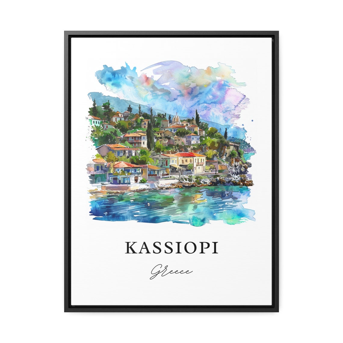 Kassiopi Corfu Greece Coastal Village Harbor Watercolor Poster - Image 3