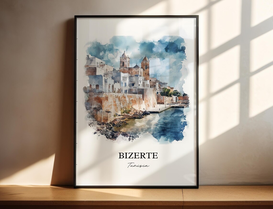 Bizerte Tunisia Harbor Old Town Watercolor Seaside Travel Poster