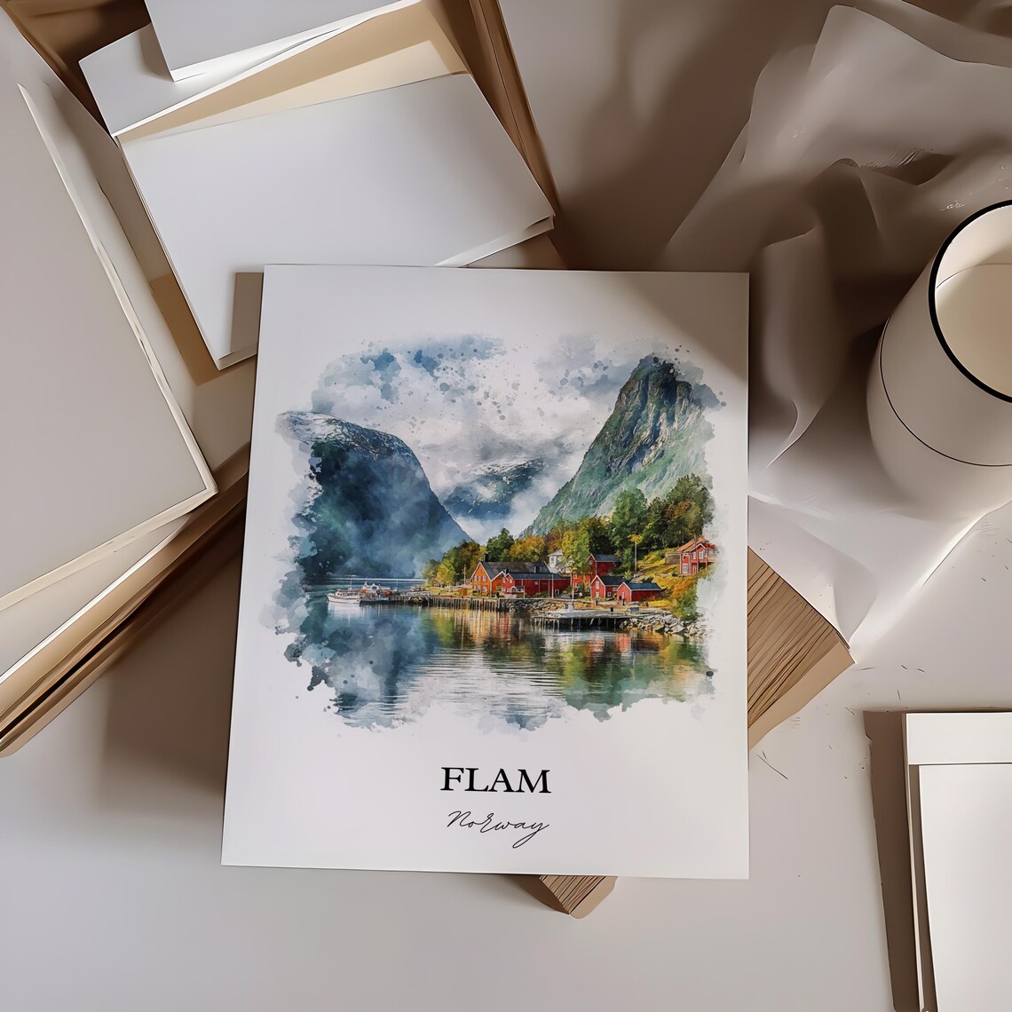Flam Norway Watercolor Fjord Village Red Cabins Travel Poster - Image 2