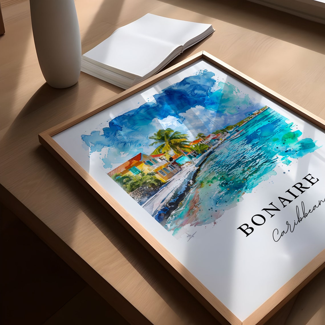Bonaire Caribbean Turquoise Harbor Waterfront Watercolor Poster - Image 4