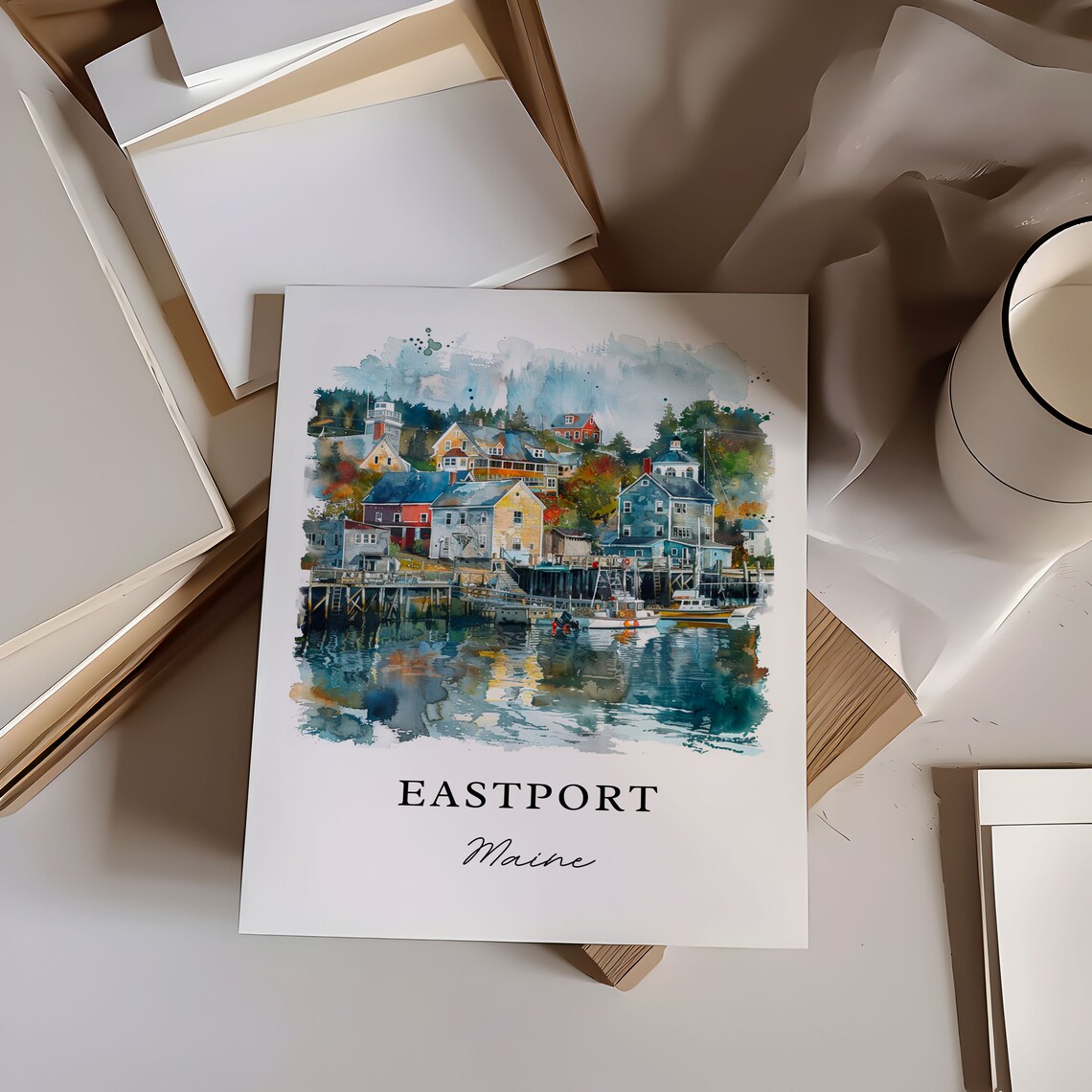Eastport Maine Colorful Harbor Village Waterfront Watercolor Poster - Image 6