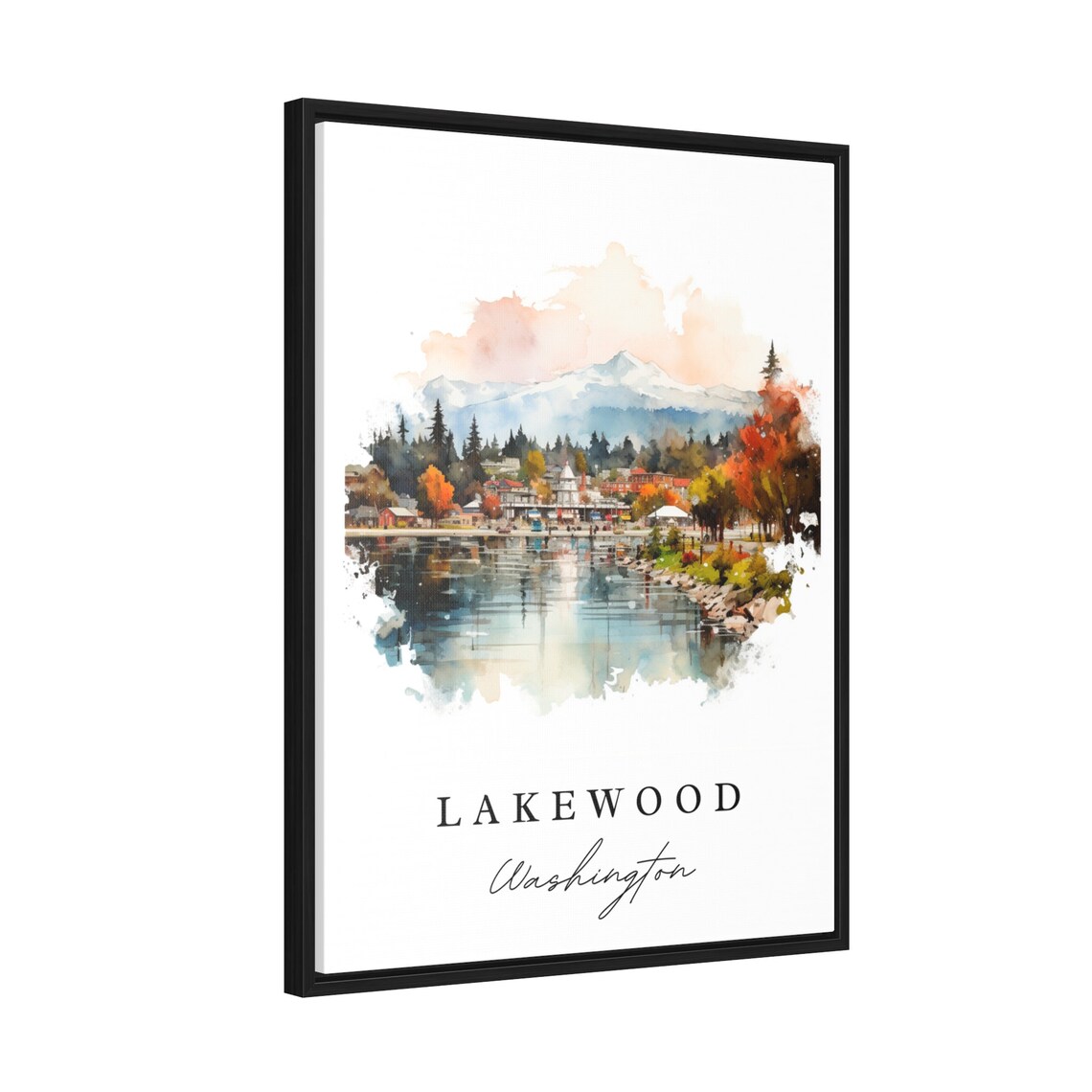 Lakewood Washington Watercolor Lakeside Town Mountain View Poster - Image 2