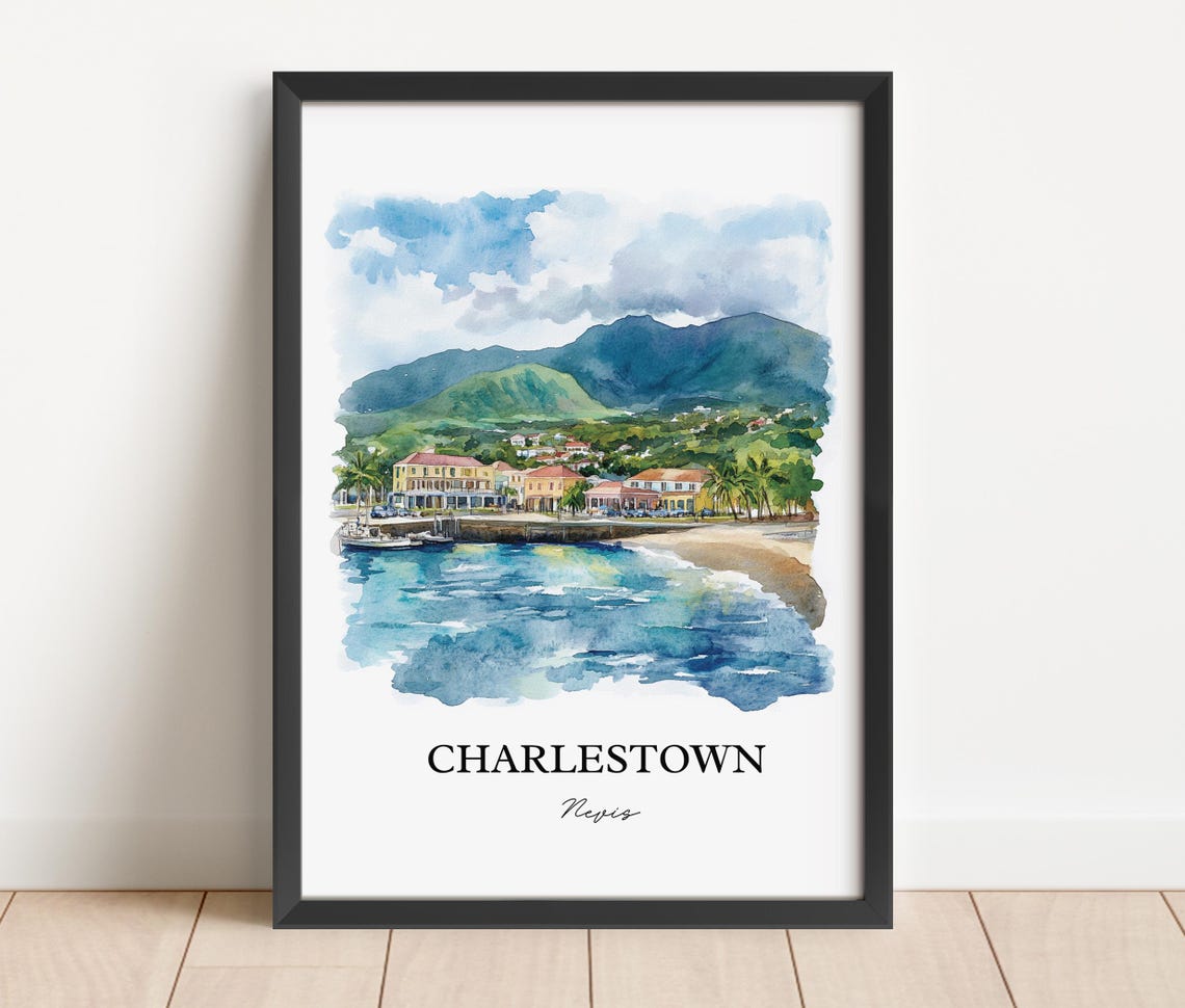 Charlestown Nevis Island Caribbean Harbor Watercolor Travel Poster - Image 2