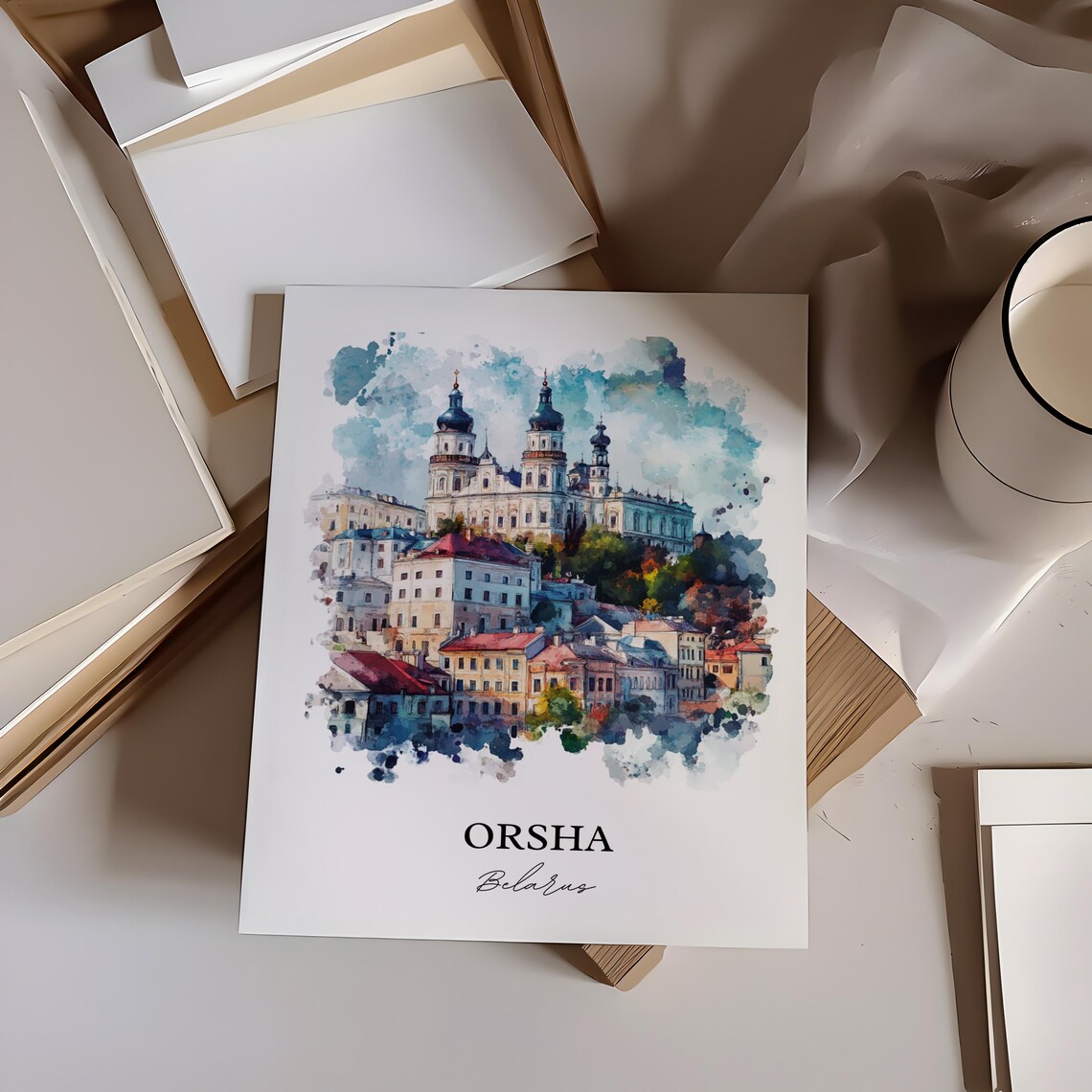 Orsha Belarus Hilltop Church Towers Old Town Watercolor Travel Poster - Image 3