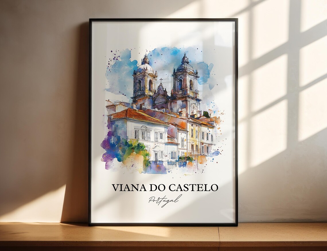 Viana do Castelo Portugal Watercolor Church Twin Towers Art Poster