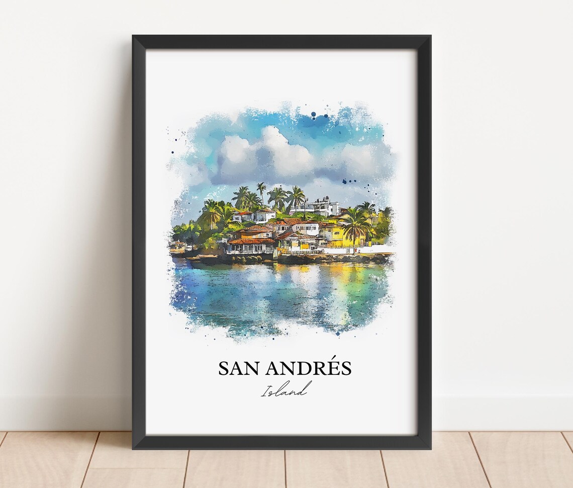 San Andres Island Caribbean Palm Houses Watercolor Travel Poster - Image 2