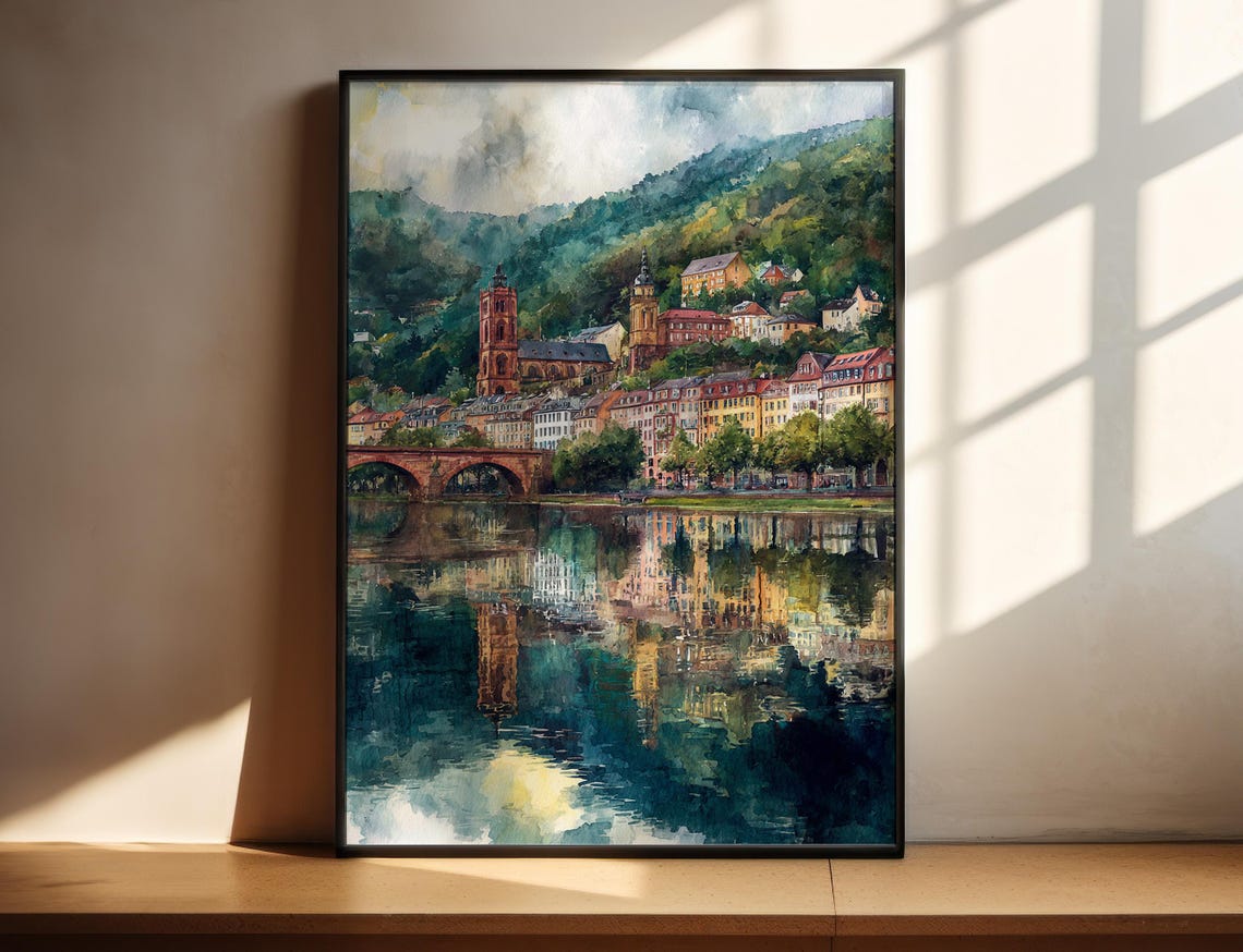 Heidelberg Germany Old Town River Bridge Watercolor Travel Poster