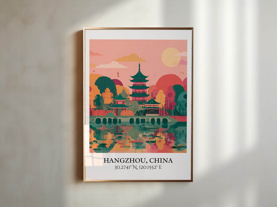 Hangzhou China Colorful Pagoda Lake Sunset Reflection Travel Poster - Image 5