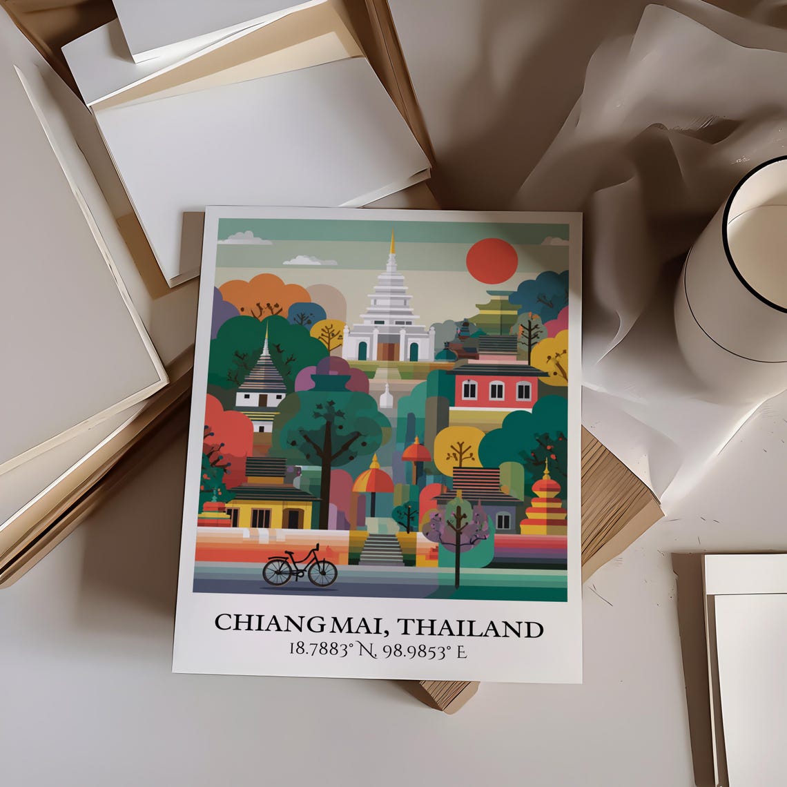 Chiang Mai Thailand Red Sunset Temple Flat Illustration Art Poster - Image 4