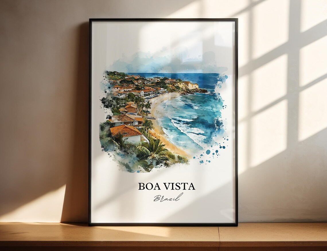 Boa Vista Brazil Watercolor Coastal Beach Town Waves Travel Poster