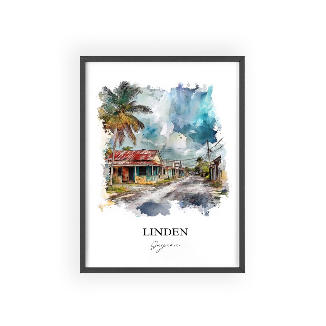Linden Guyana Watercolor Tropical Street Palm Houses Scene Poster - Image 2