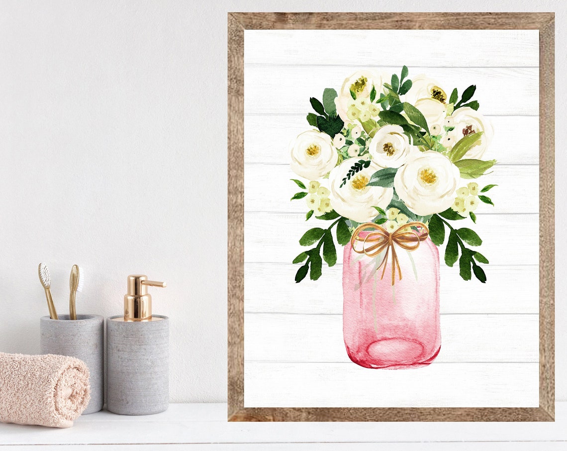 White Floral Bouquet In Pink Mason Jar With Gold Twine Bow Poster