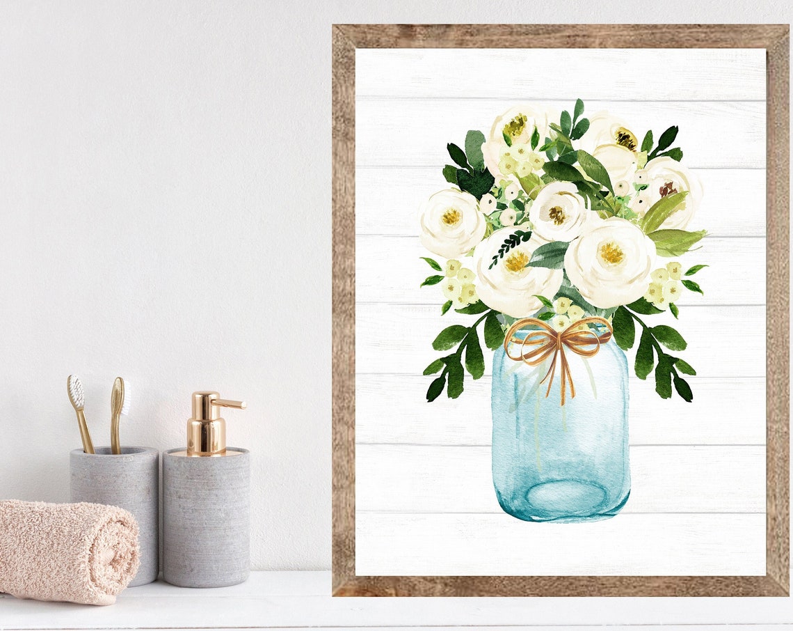 White Flowers in a Teal Mason Jar with Twine Bow Decor Poster