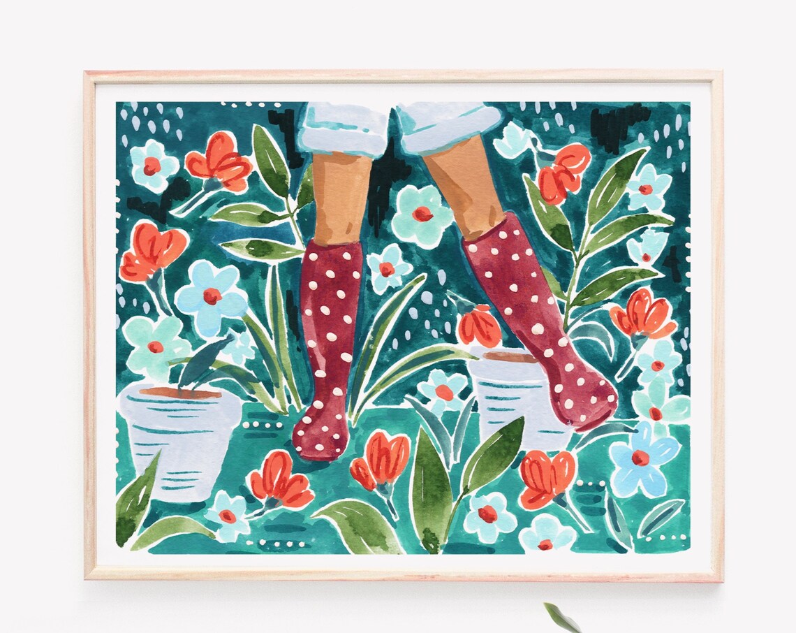 Rain Boots Art Print, Rainy Day Garden Flowers - Image 3