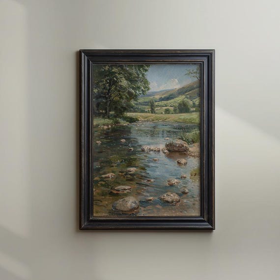 Rippling River Rocks Landscape Painting Vertical Nature Art 1205