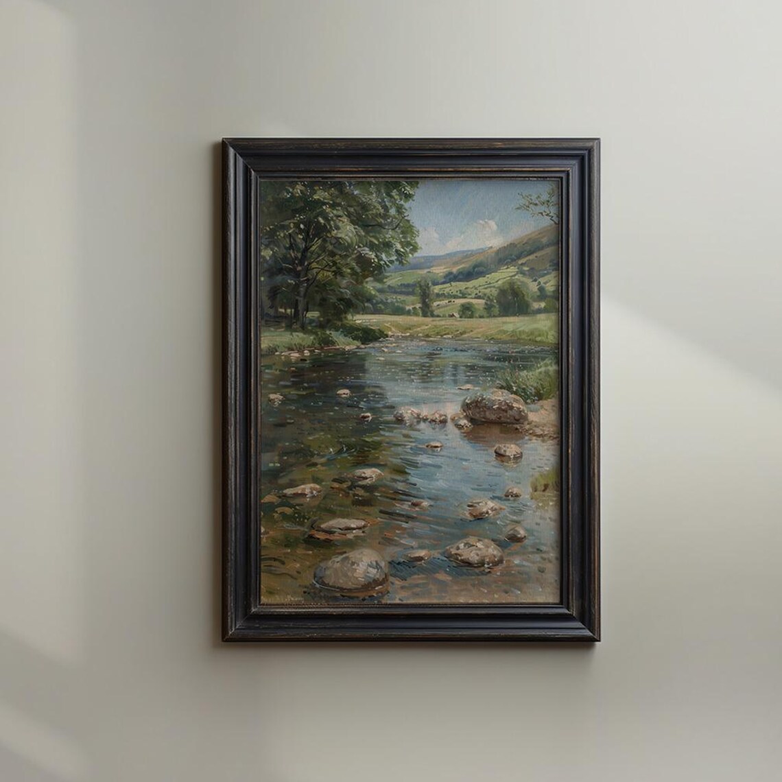 Rippling River Rocks Green Valley Vintage Oil Landscape Poster