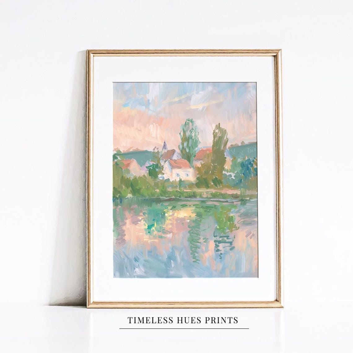 Lakeside Village Sunset Painting Poster Impressionist Pastel River Art