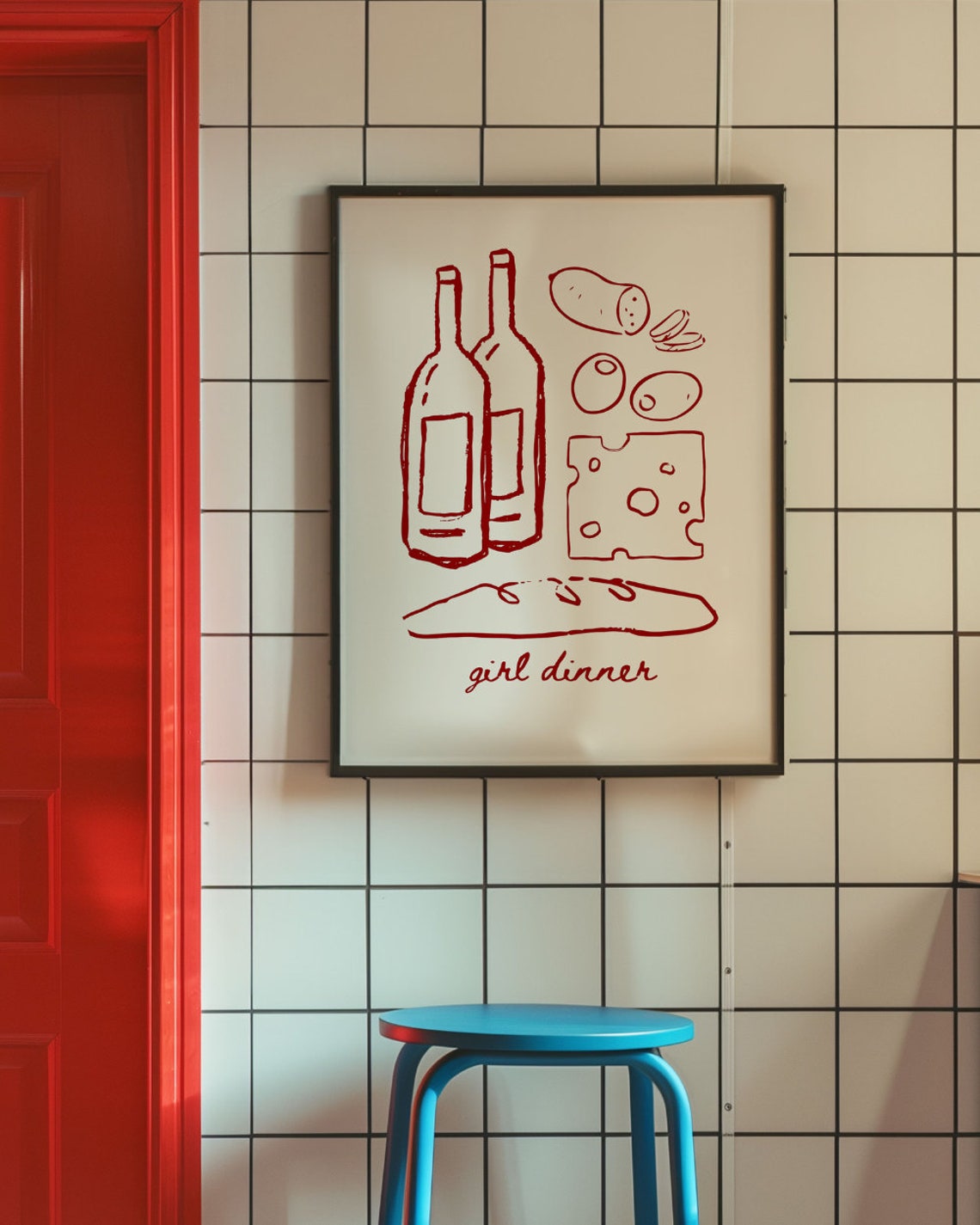 Girl Dinner Red Line Art Wine Bottles Cheese Kitchen Wall Poster - Image 2