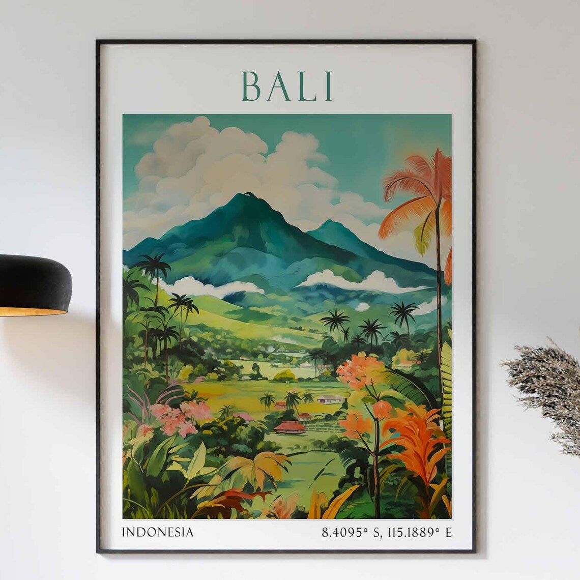 Bali Indonesia Volcano Peak with Jungle and Rice Fields Poster