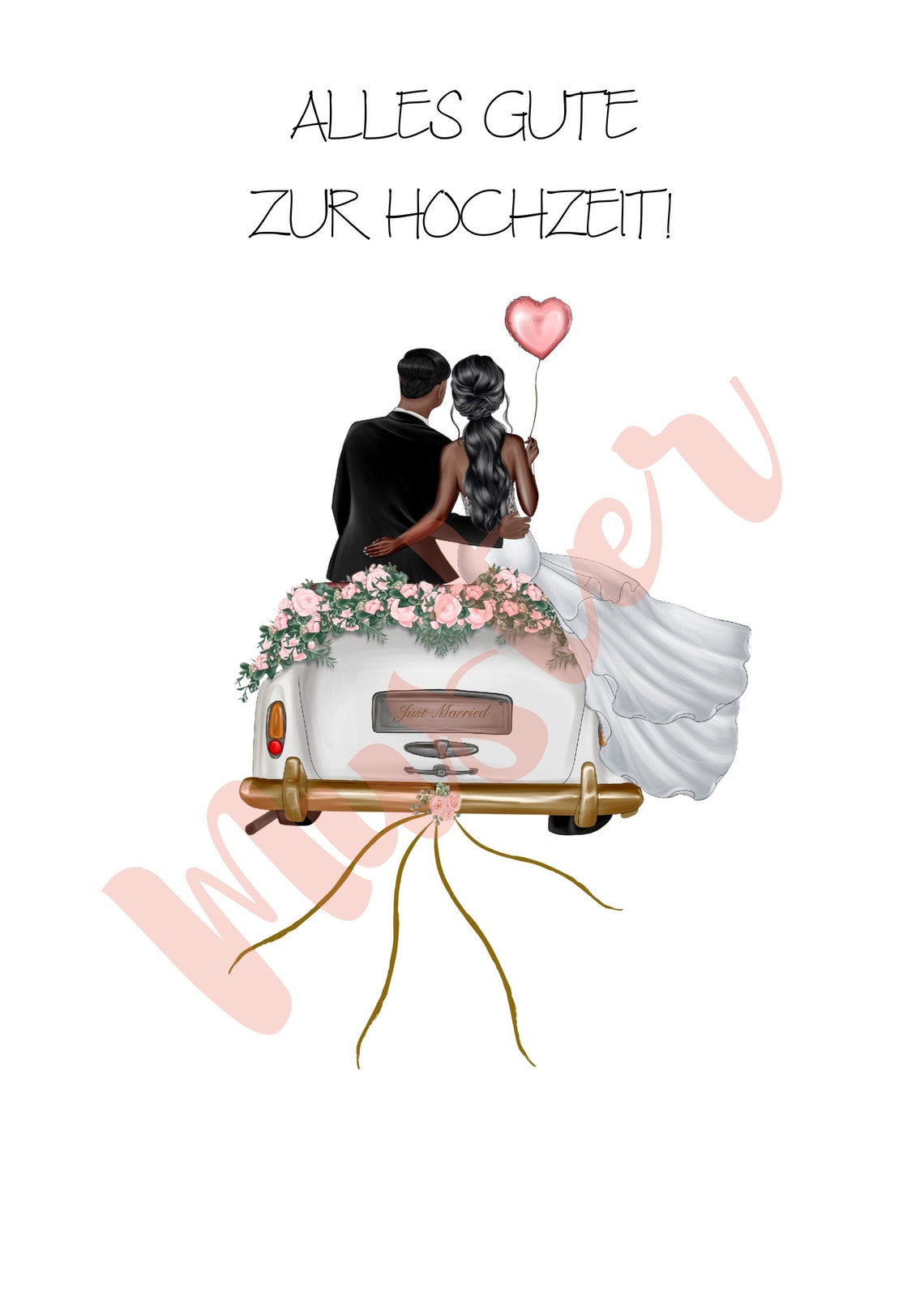 Dark Skinned Couple Champagne Toast on Flower Just Married Car Poster - Image 3