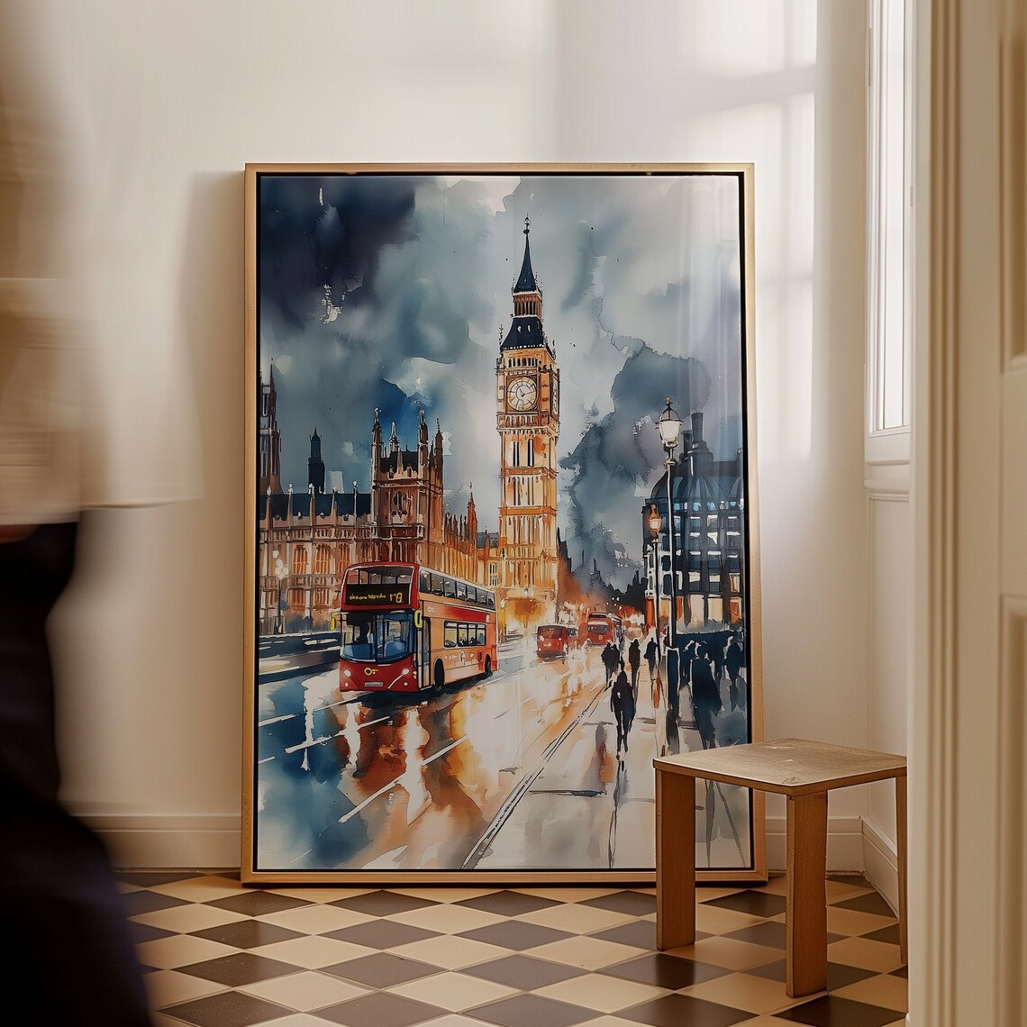 London Big Ben Watercolor Red Double Decker Bus Evening Poster