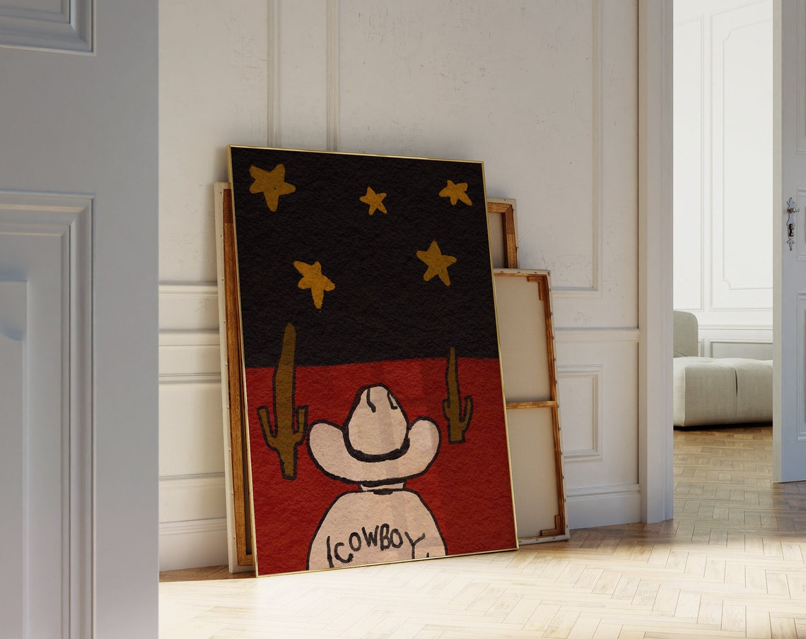 Western Cowboy Hat Stars Cactus Desert Hand Drawn Retro Wall Art