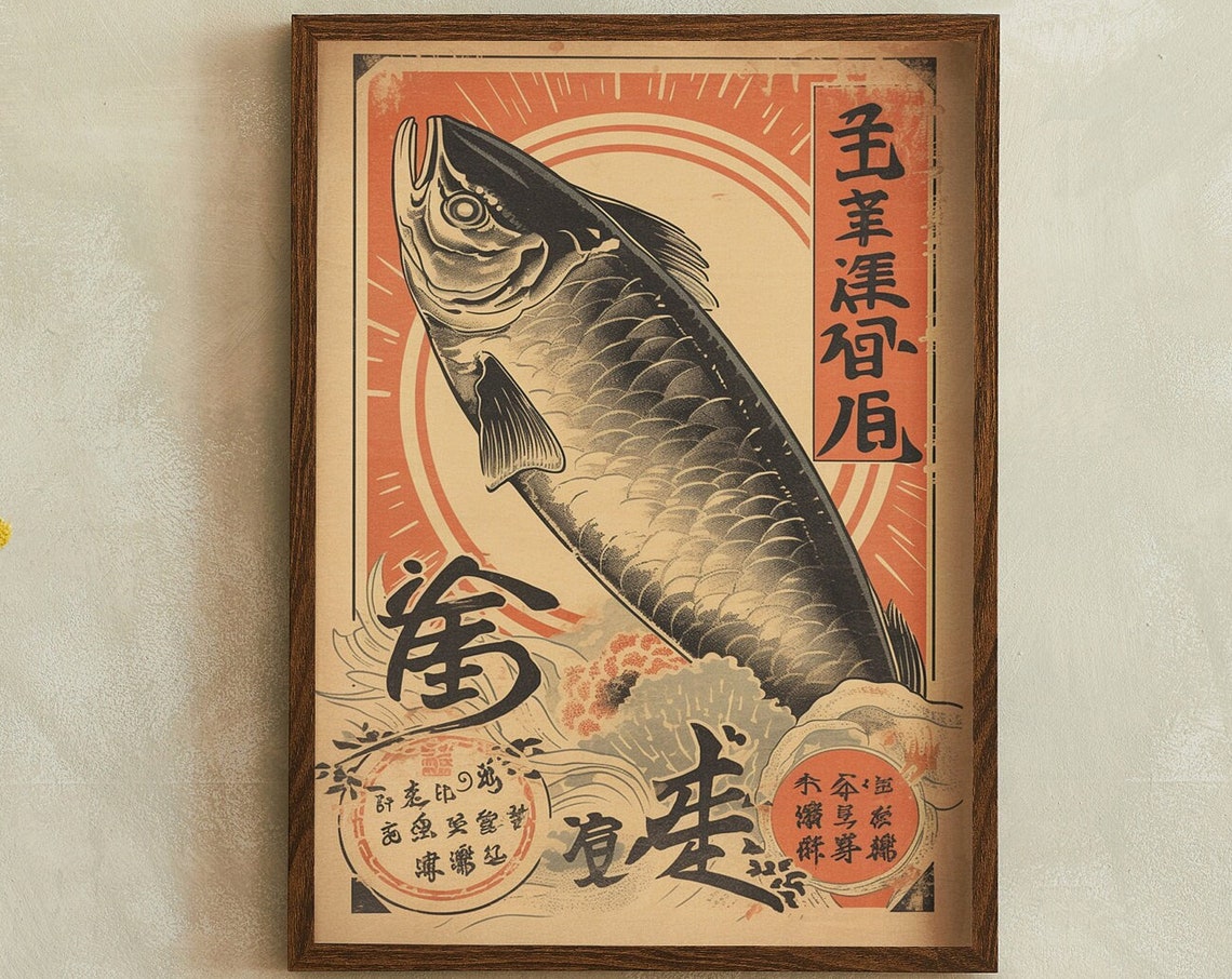 Rustic Vintage Japanese Fish Woodblock Style Kitchen Wall Art