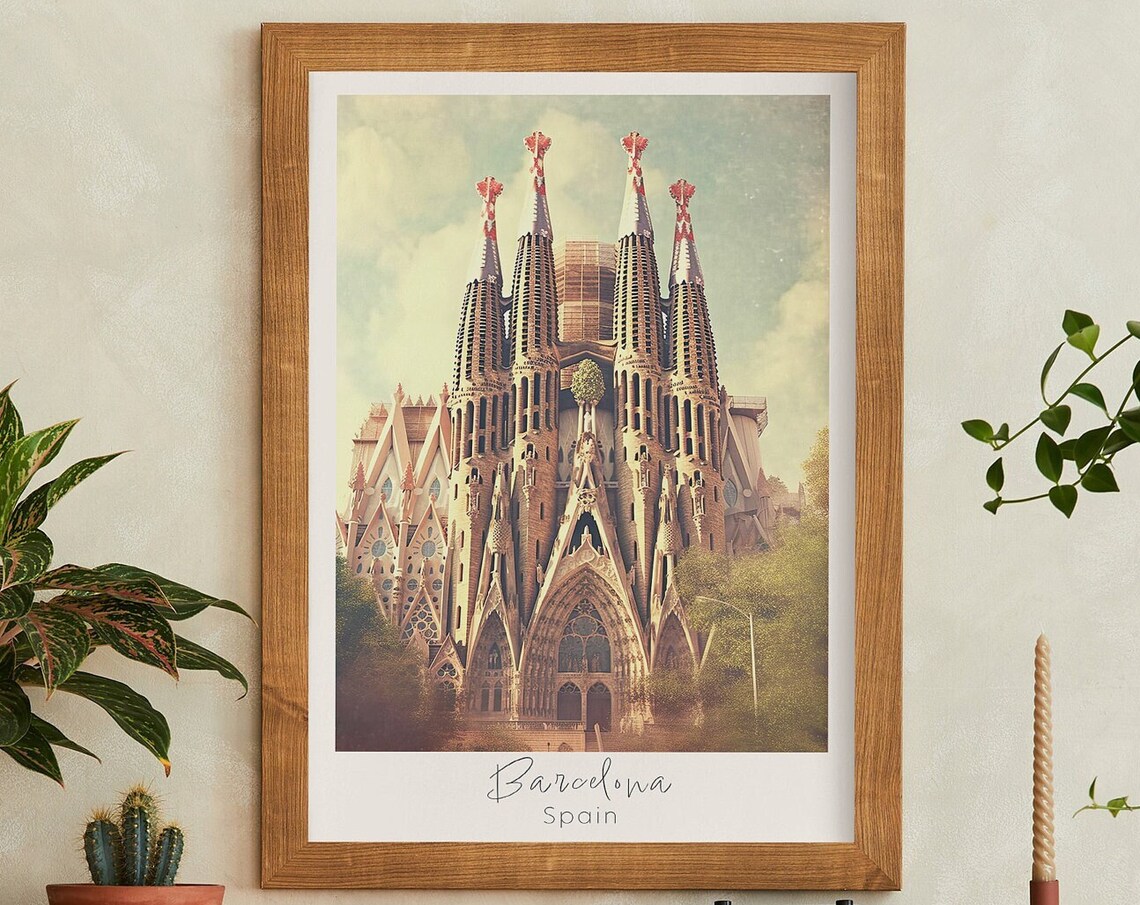 Barcelona Spain Sagrada Familia Gaudi Facade Vintage Travel Poster