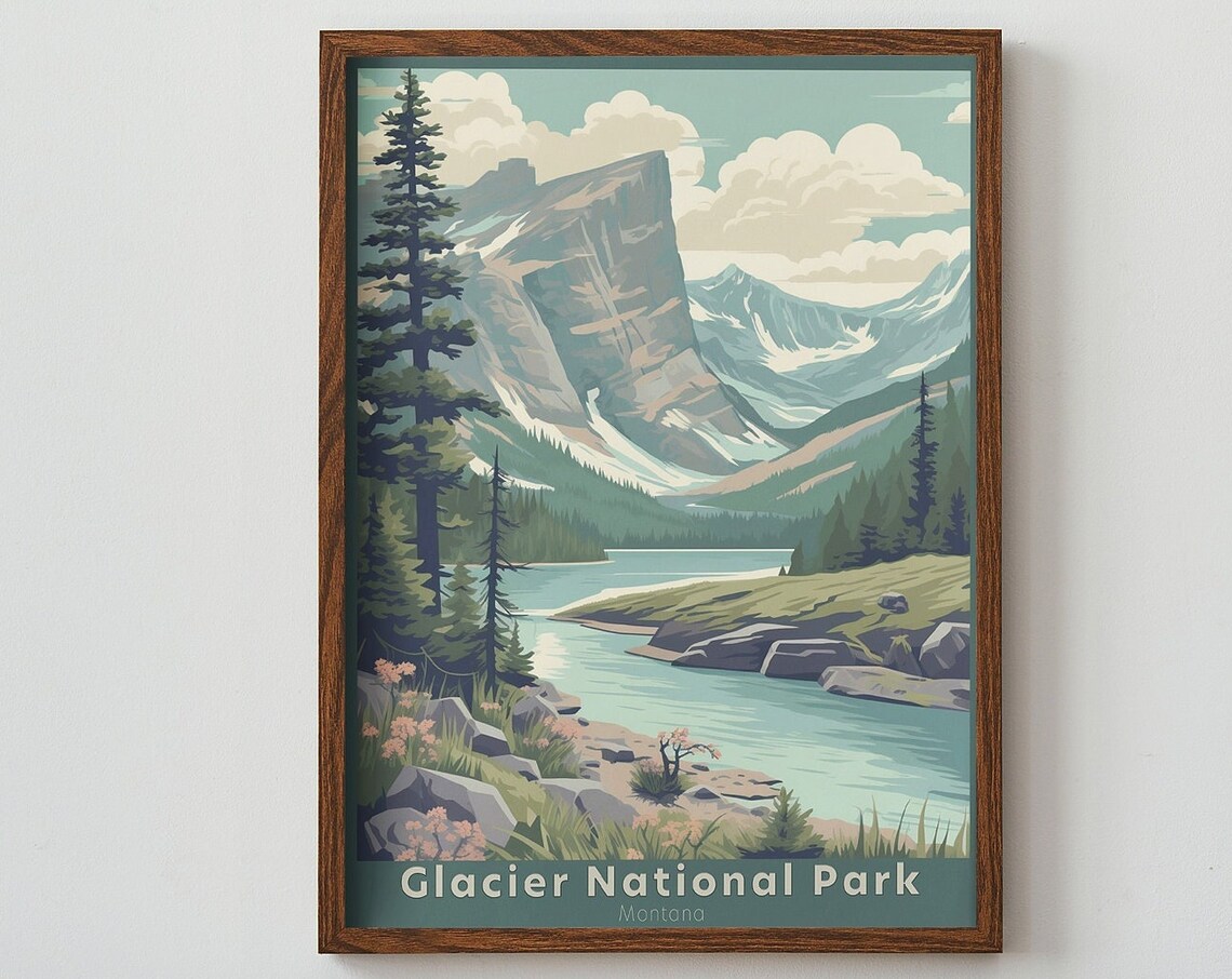 Glacier National Park Montana Mountain Lake Retro Travel Poster